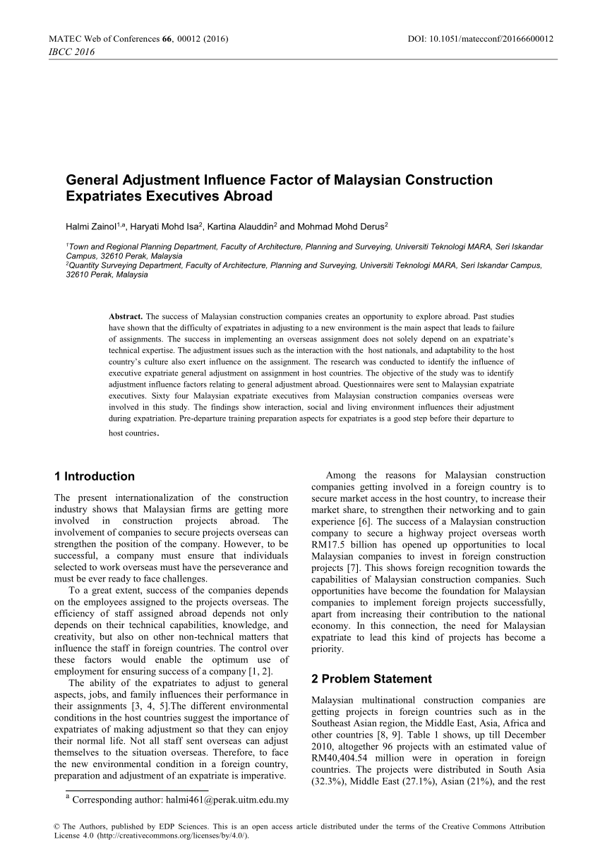 Pdf General Adjustment Influence Factor Of Malaysian Construction Expatriates Executives Abroad