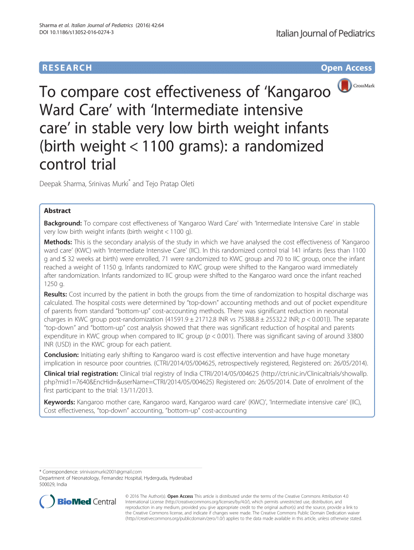 PDF) To compare cost effectiveness of 'Kangaroo Ward Care' with  'Intermediate intensive care' in stable very low birth weight infants  (birth weight
