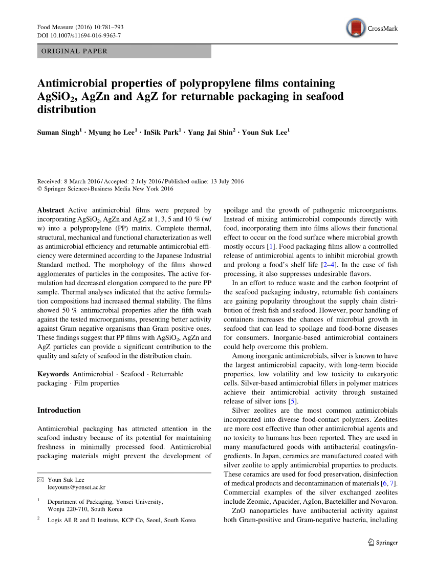 PDF) Antimicrobial properties of polypropylene films containing AgSiO2,  AgZn and AgZ for returnable packaging in seafood distribution
