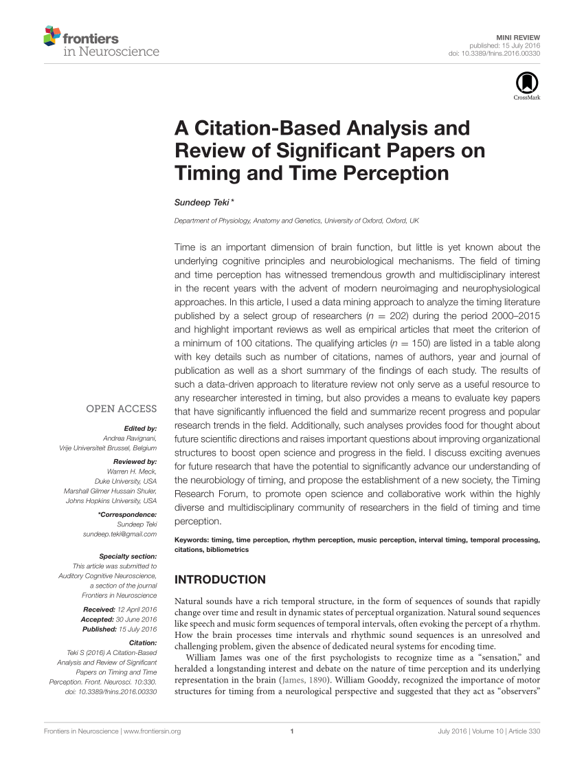 Pdf A Citation Based Analysis And Review Of Significant Papers On Timing And Time Perception