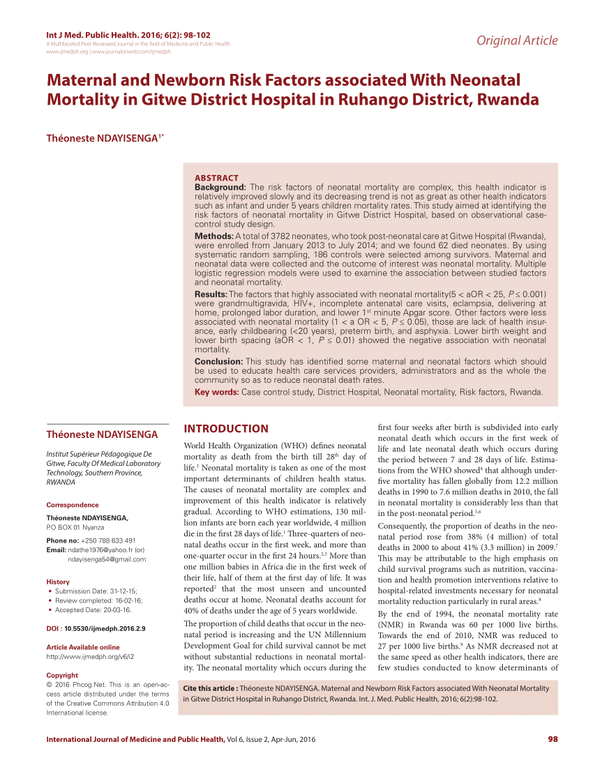PDF) Maternal and Newborn Risk Factors associated With Neonatal Mortality in Gitwe District Hospital in Ruhango District, Rwanda afbeelding
