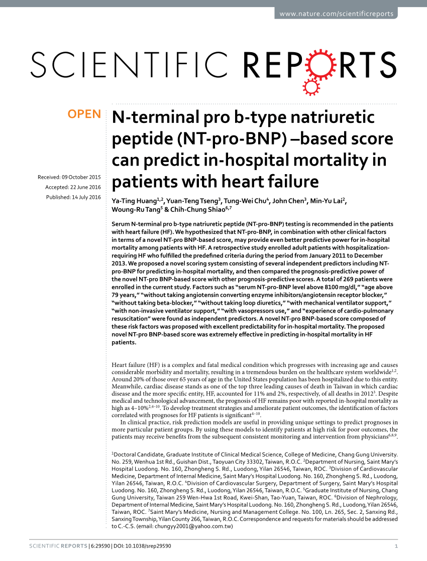 PDF) N-terminal pro b-type natriuretic peptide (NT-pro-BNP) –based score  can predict in-hospital mortality in patients with heart failure