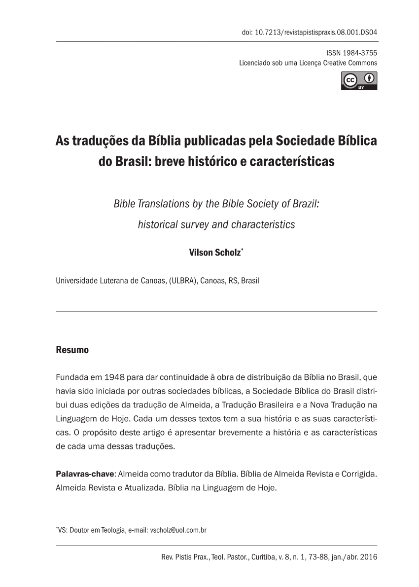 Pdf As Traducoes Da Biblia Publicadas Pela Sociedade Biblica Do Brasil Breve Historico E Caracteristicas