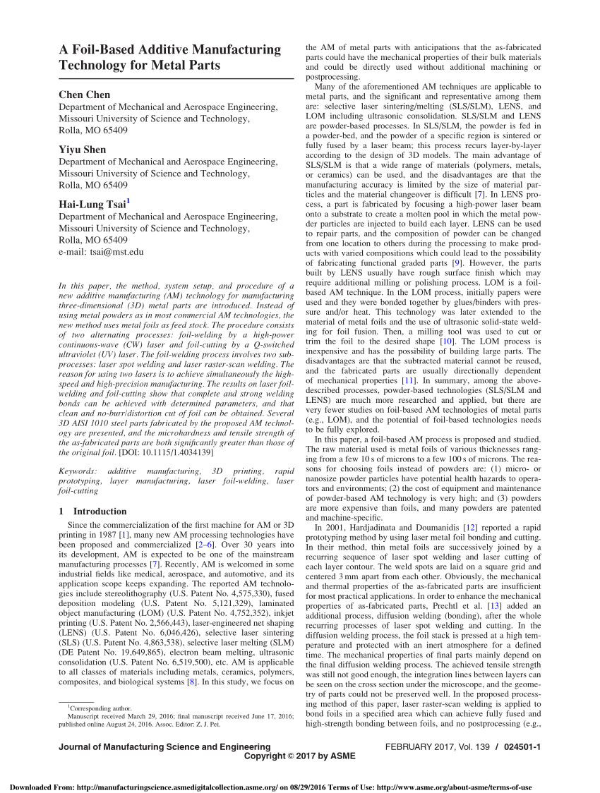 PDF) A Foil-Based Additive Manufacturing Technology for Metal Parts