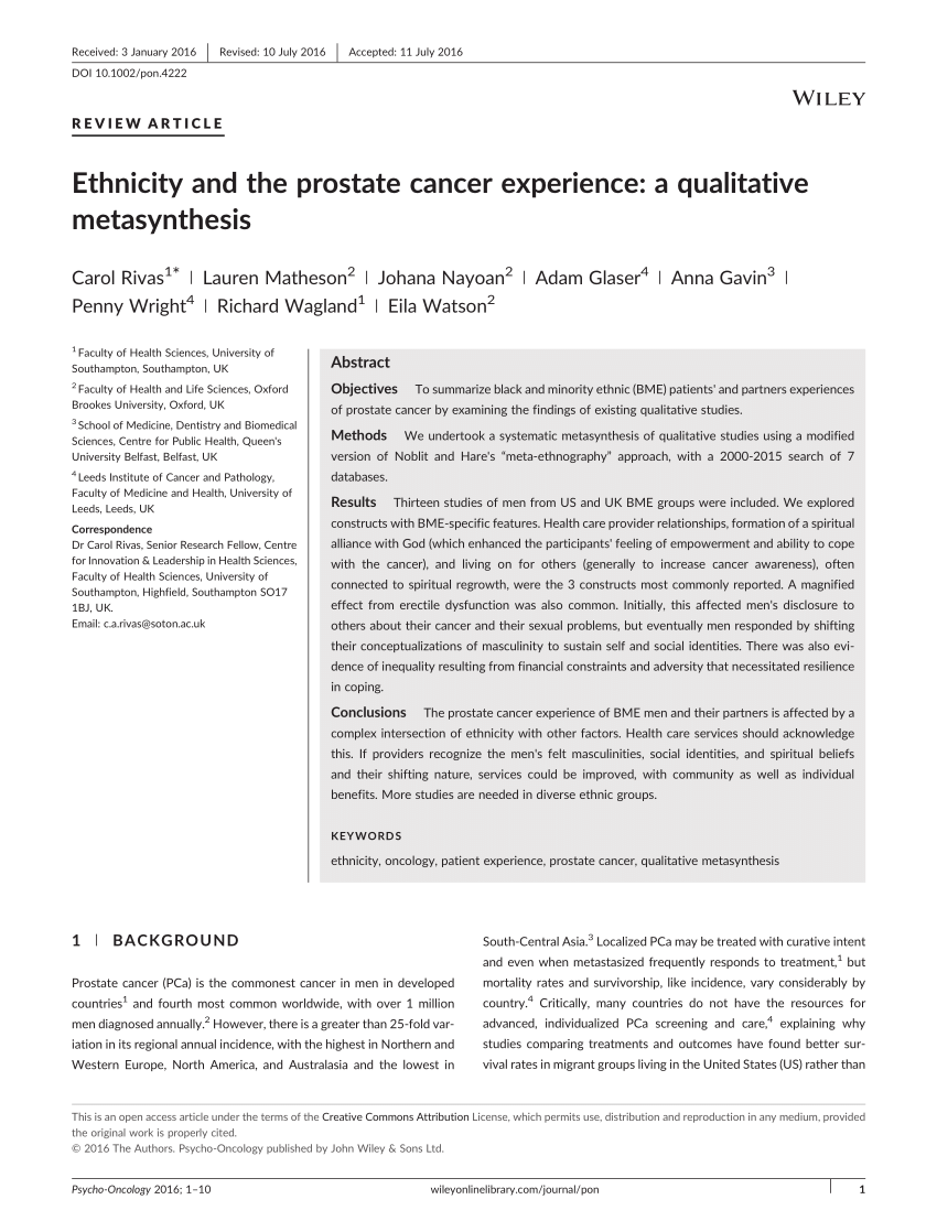 Pdf Ethnicity And The Prostate Cancer Experience A Qualitative Metasynthesis Ethnicity And 9122