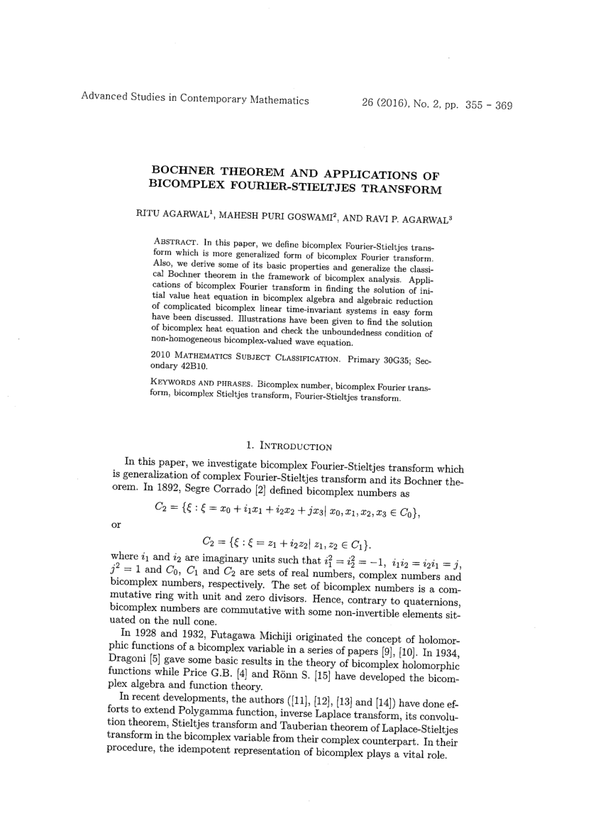 (PDF) Bochner theorem and applications of bicomplex Fourier-Stieltjes ...