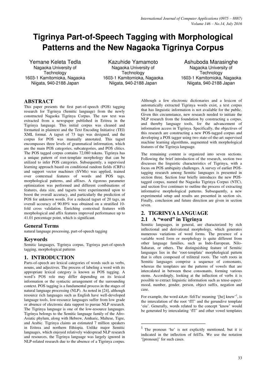 meaning computer flag Tigrinya (PDF) Part with Tagging Morphological of Speech