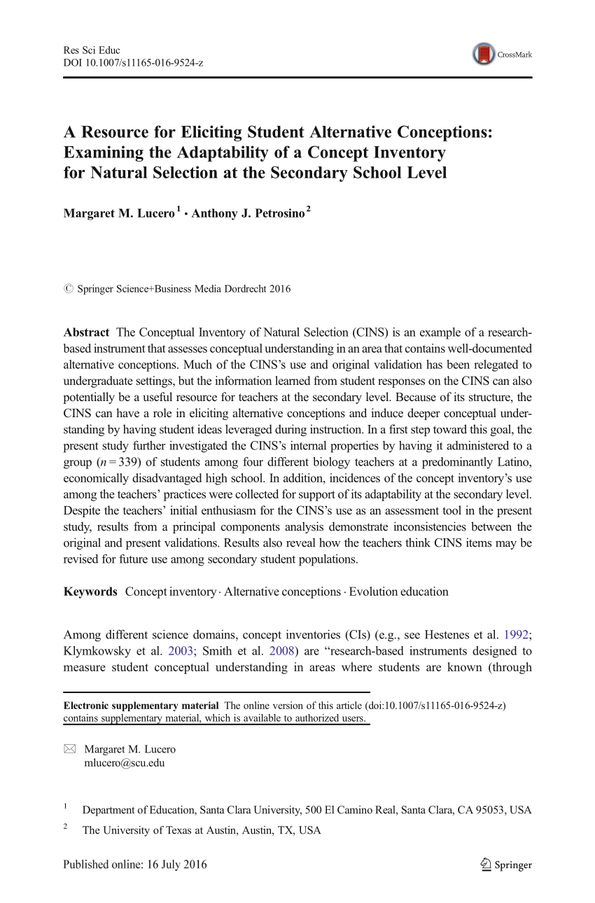Pdf A Resource For Eliciting Student Alternative Conceptions Examining The Adaptability Of A Concept Inventory For Natural Selection At The Secondary School Level