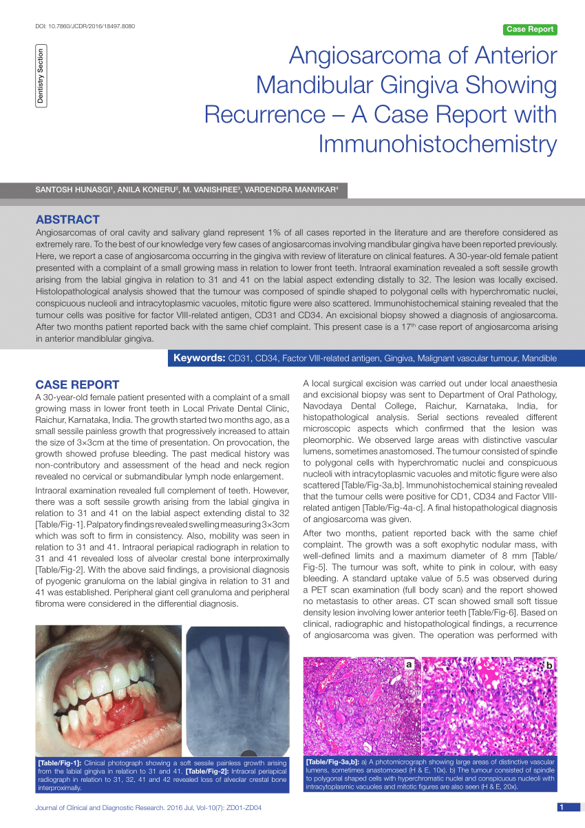 Pdf Angiosarcoma Of Anterior Mandibular Gingiva Showing Recurrence A Case Report With 