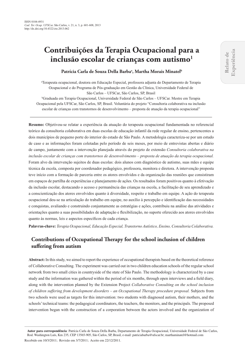 PDF Contribuições da Terapia Ocupacional para a inclusão escolar de crianças com autismo