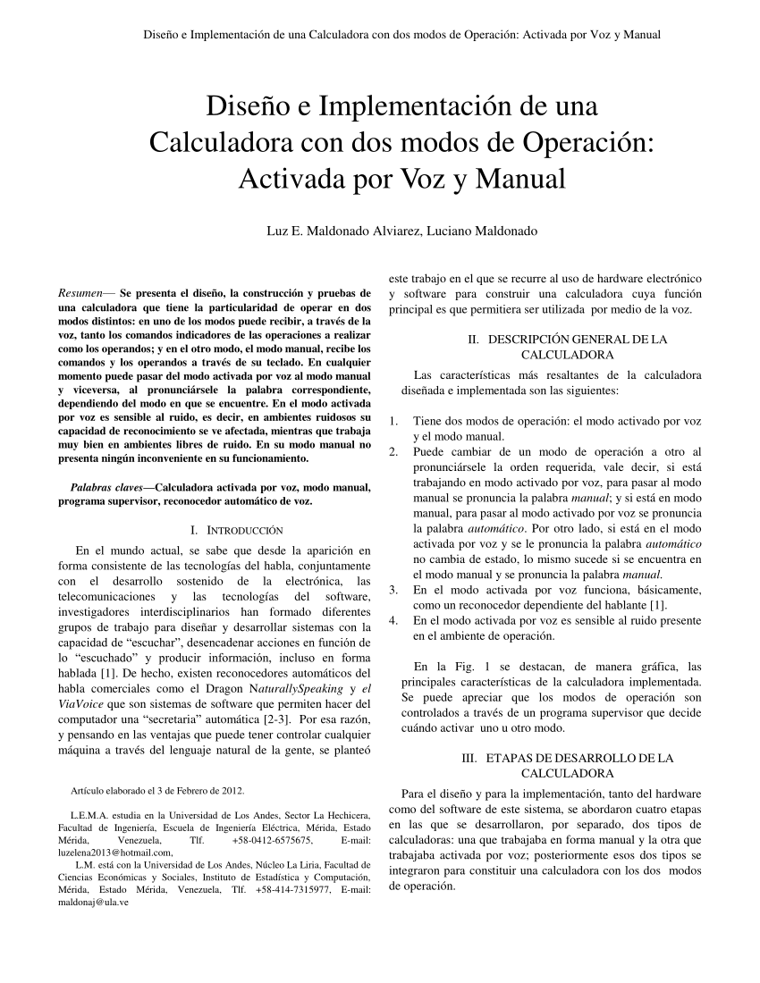 PDF) Diseño e Implementación de una Calculadora con modos de Operación: Activada Voz y Manual