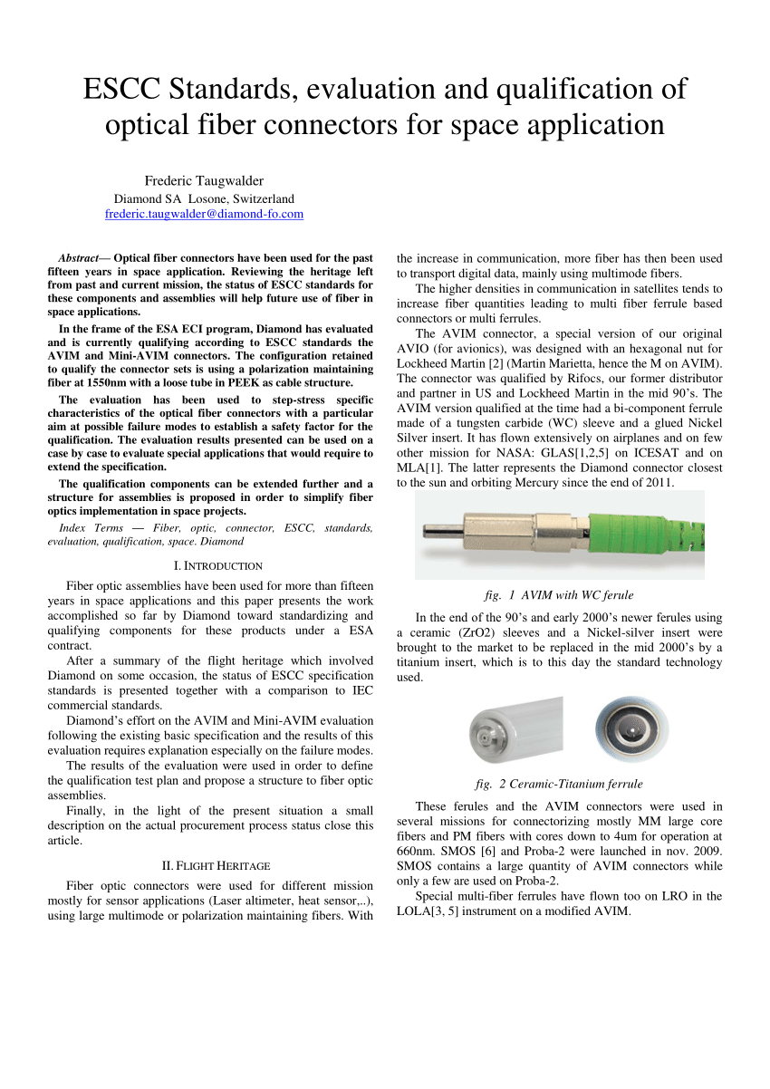 PDF) ESCC Standards, evaluation and qualification of optical fiber  connectors for space application