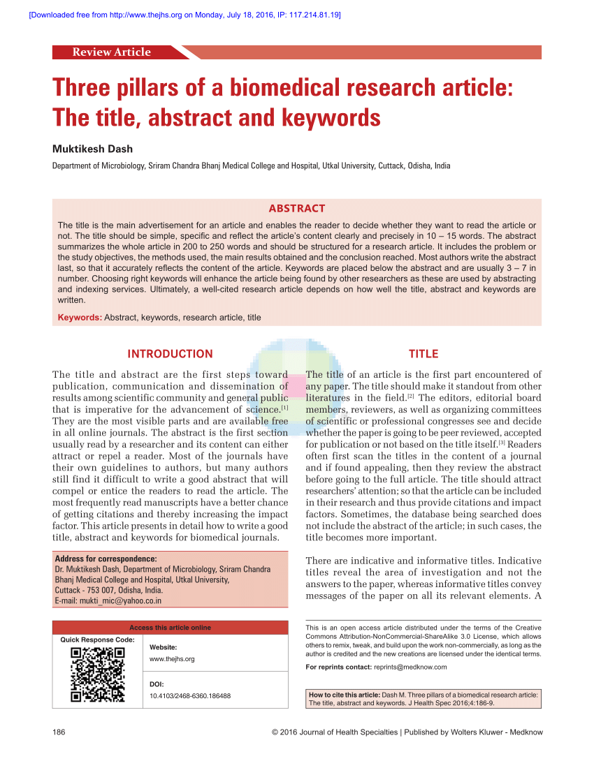 Pdf Three Pillars Of A Biomedical Research Article The Title Abstract And Keywords