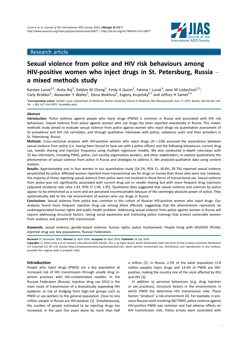 PDF) Sexual violence from police and HIV risk behaviours among HIV-positive  women who inject drugs in St. Petersburg, Russia - A mixed methods study