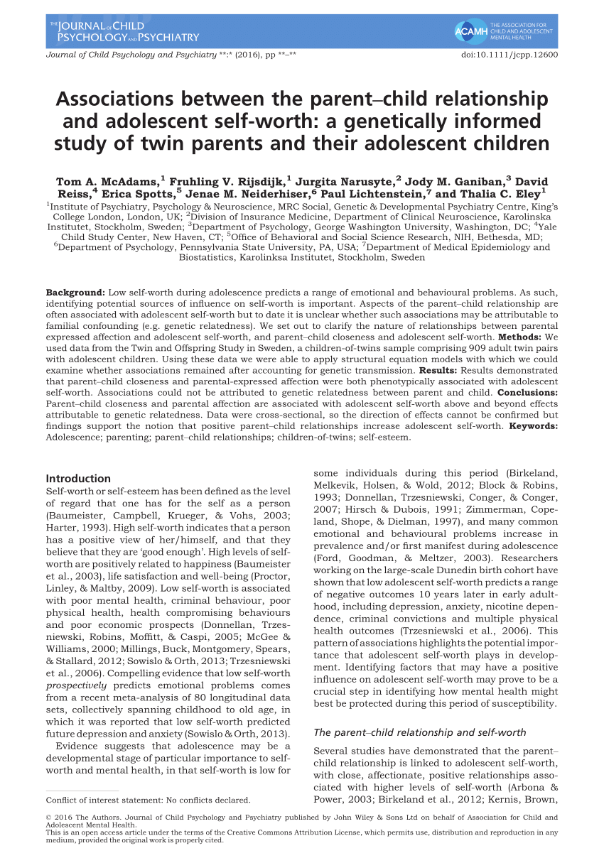 Pdf Associations Between The Parent Child Relationship And Adolescent Self Worth A Genetically Informed Study Of Twin Parents And Their Adolescent Children