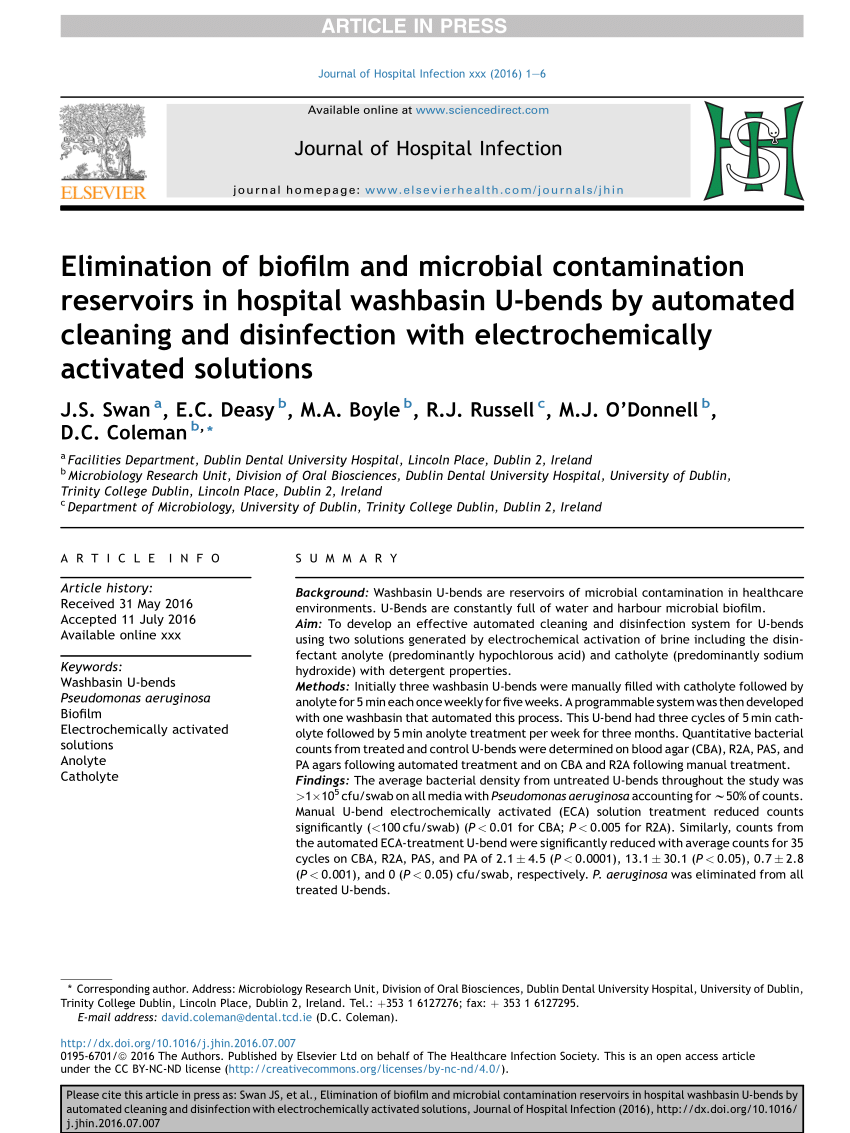 Pdf Elimination Of Biofilm And Microbial Contamination Reservoirs In Hospital Washbasin U Bends By Automated Cleaning And Disinfection With Electrochemically Activated Solutions