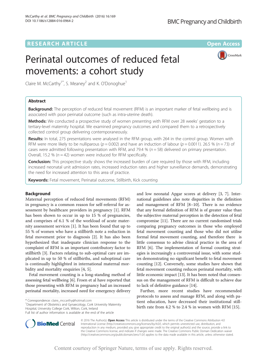 Pdf Perinatal Outcomes Of Reduced Fetal Movements A Cohort Study