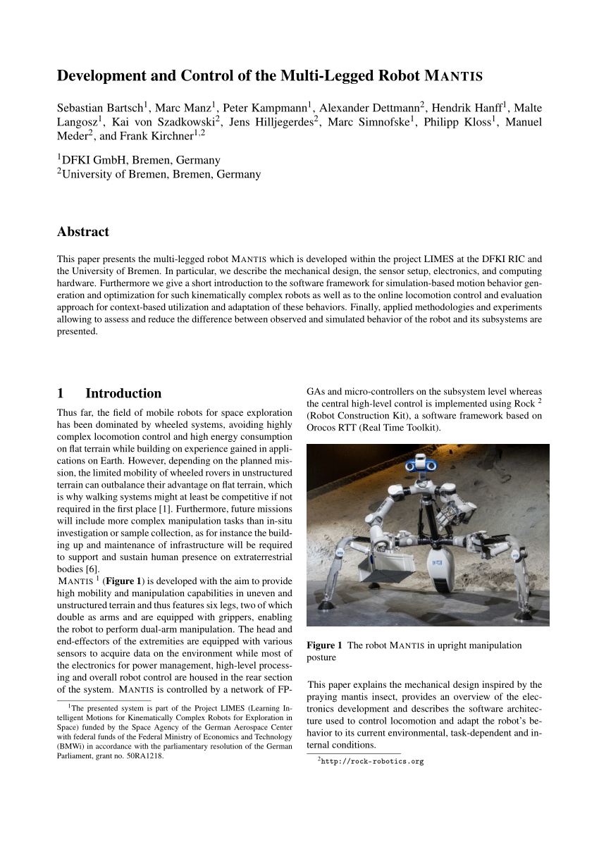 Pdf Development And Control Of The Multi Legged Robot Mantis