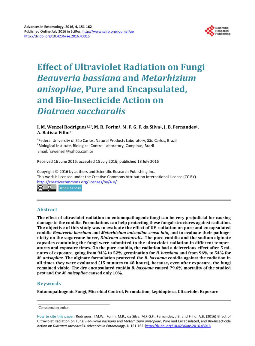 Pdf Effect Of Ultraviolet Radiation On Fungi Beauveria Bassiana And Metarhizium Anisopliae Pure And Encapsulated And Bio Insecticide Action On Diatraea Saccharalis