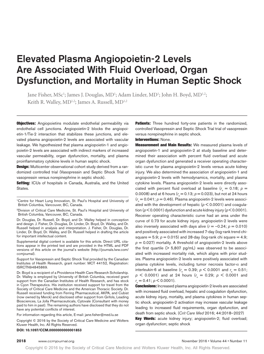 PDF) Elevated Plasma Angiopoietin-2 Levels Are Associated With 