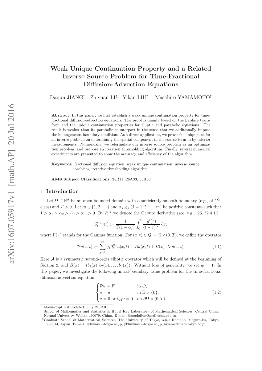 Pdf Weak Unique Continuation Property And A Related Inverse Source Problem For Time Fractional Diffusion Advection Equations