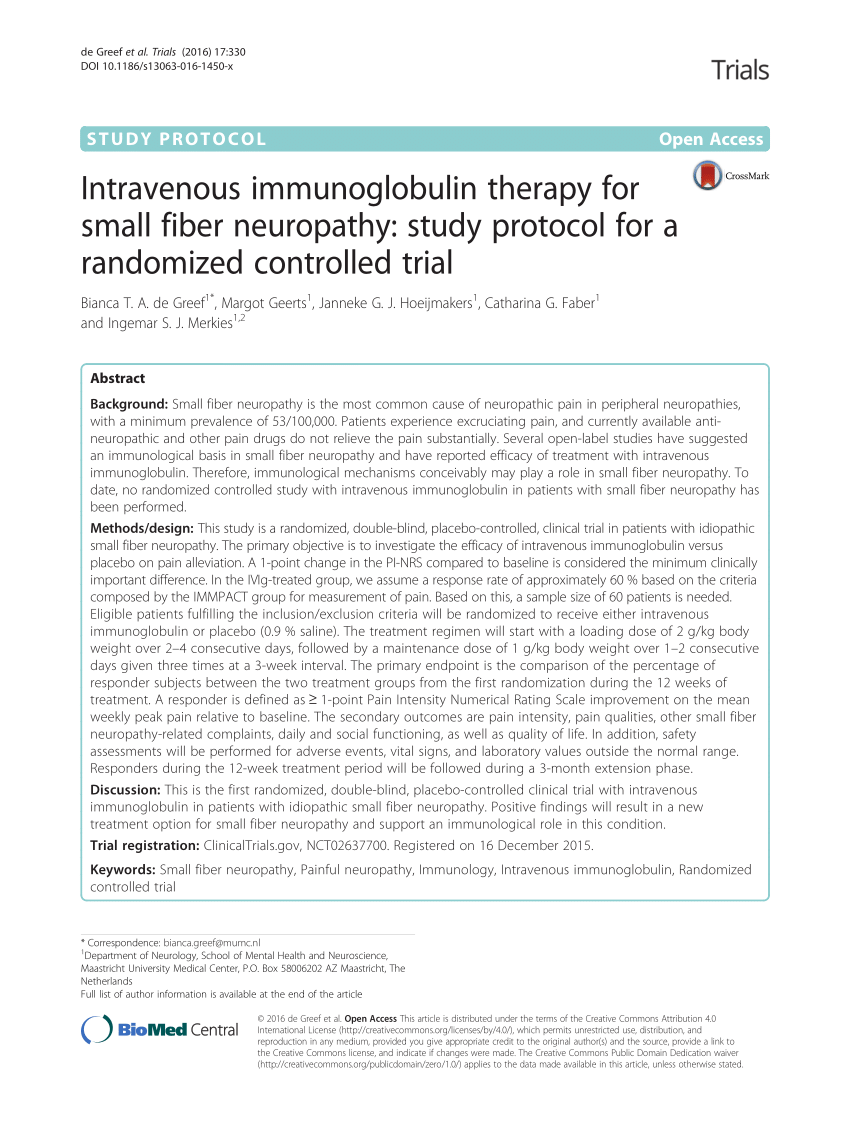 Pdf Intravenous Immunoglobulin Therapy For Small Fiber Neuropathy Study Protocol For A Randomized Controlled Trial