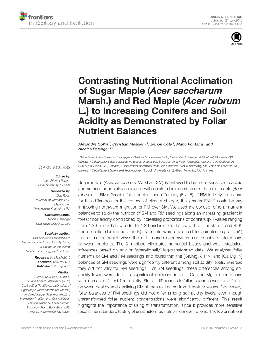 PDF) Contrasting Nutritional Acclimation of Sugar Maple (Acer ...