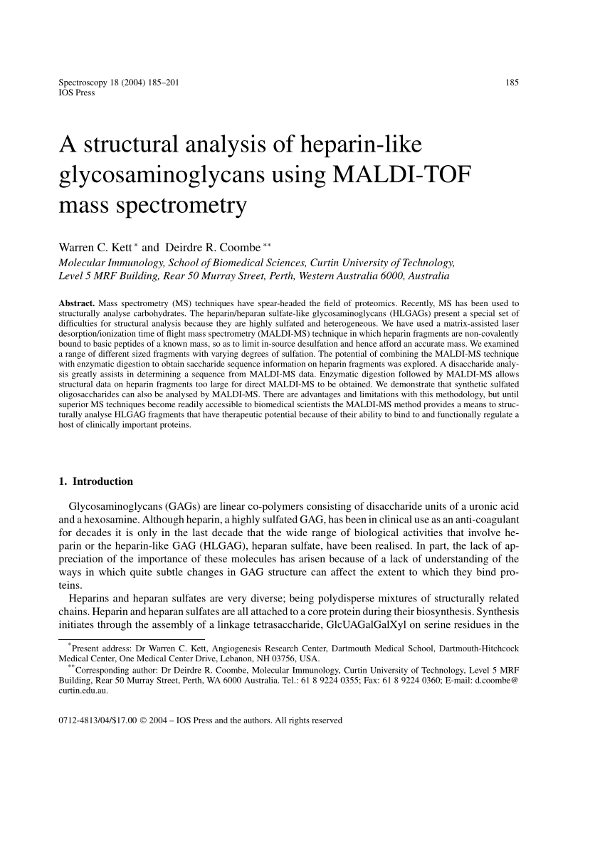 PDF) A structural analysis of heparin‒like glycosaminoglycans using  MALDI‒TOF mass spectrometry