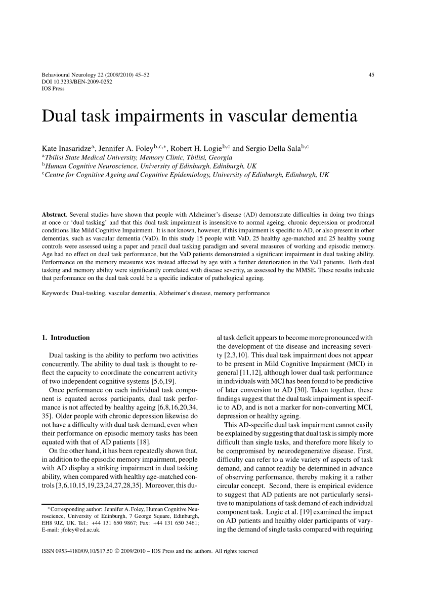 (PDF) Dual Task Impairments in Vascular Dementia