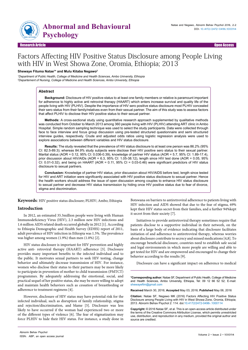 Pdf Factors Affecting Hiv Positive Status Disclosure Among People Living With Hiv In West 4997