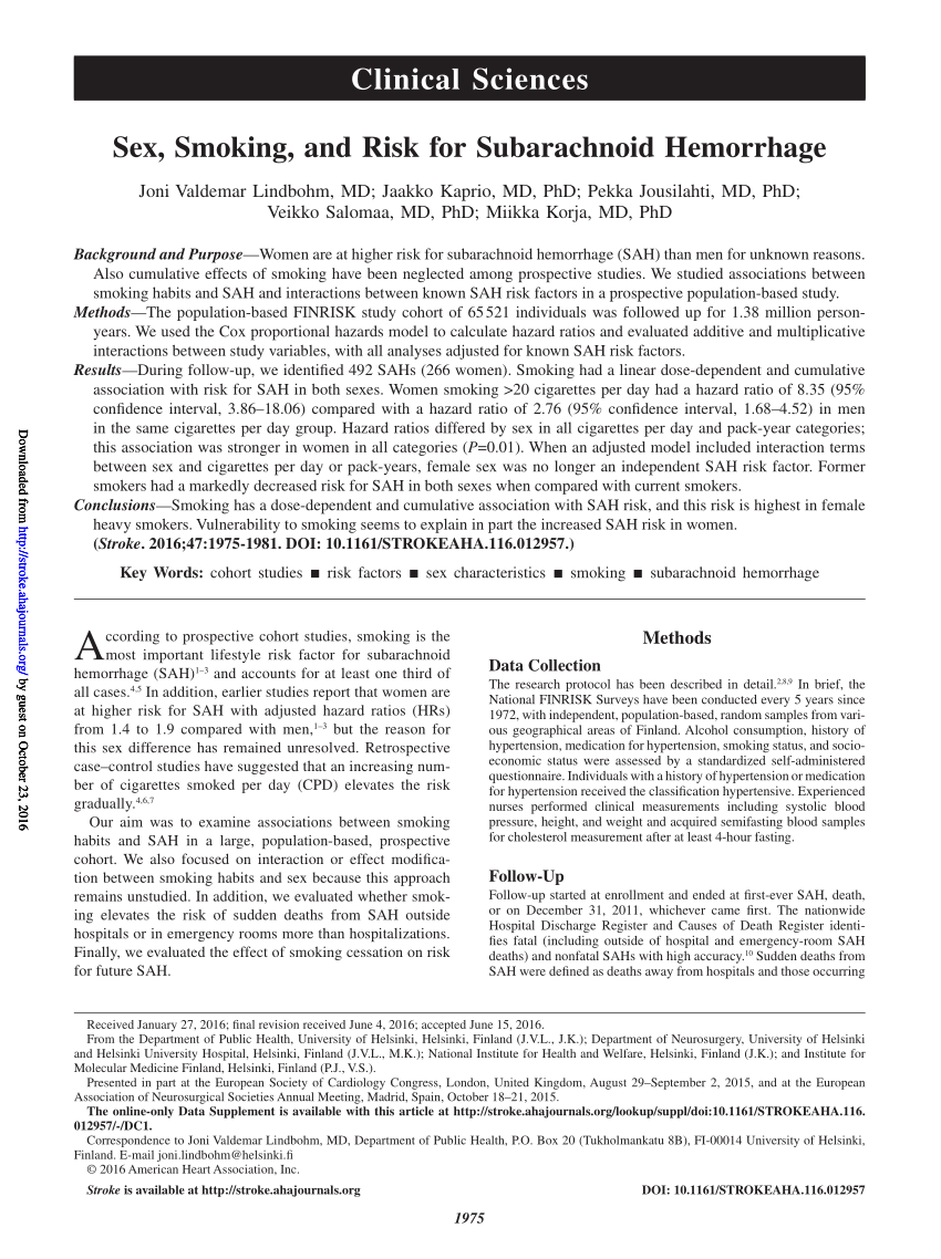 Pdf Sex Smoking And Risk For Subarachnoid Hemorrhage 