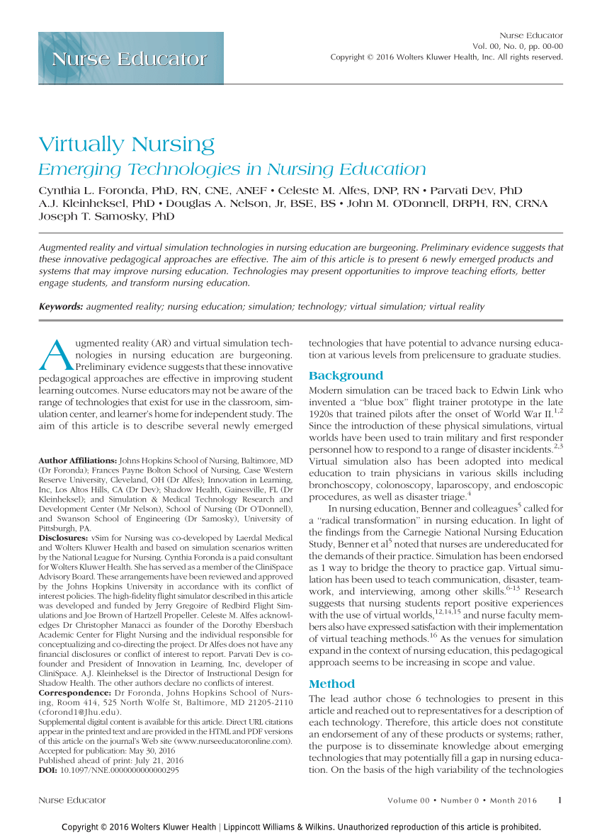 Pdf Virtually Nursing Emerging Technologies In Nursing - 