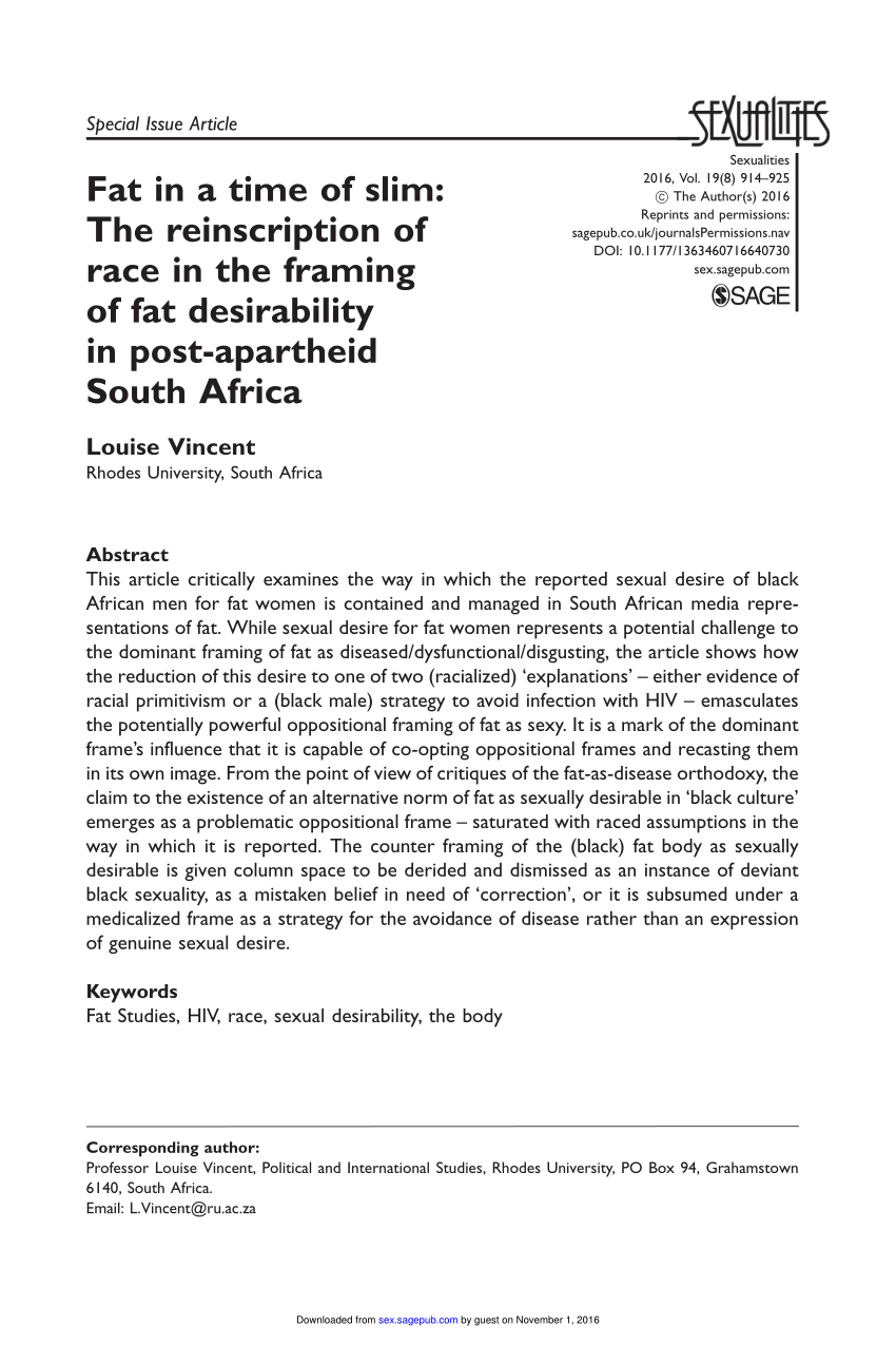 PDF) Fat in a time of slim: The reinscription of race in the framing of fat  desirability in post-apartheid South Africa