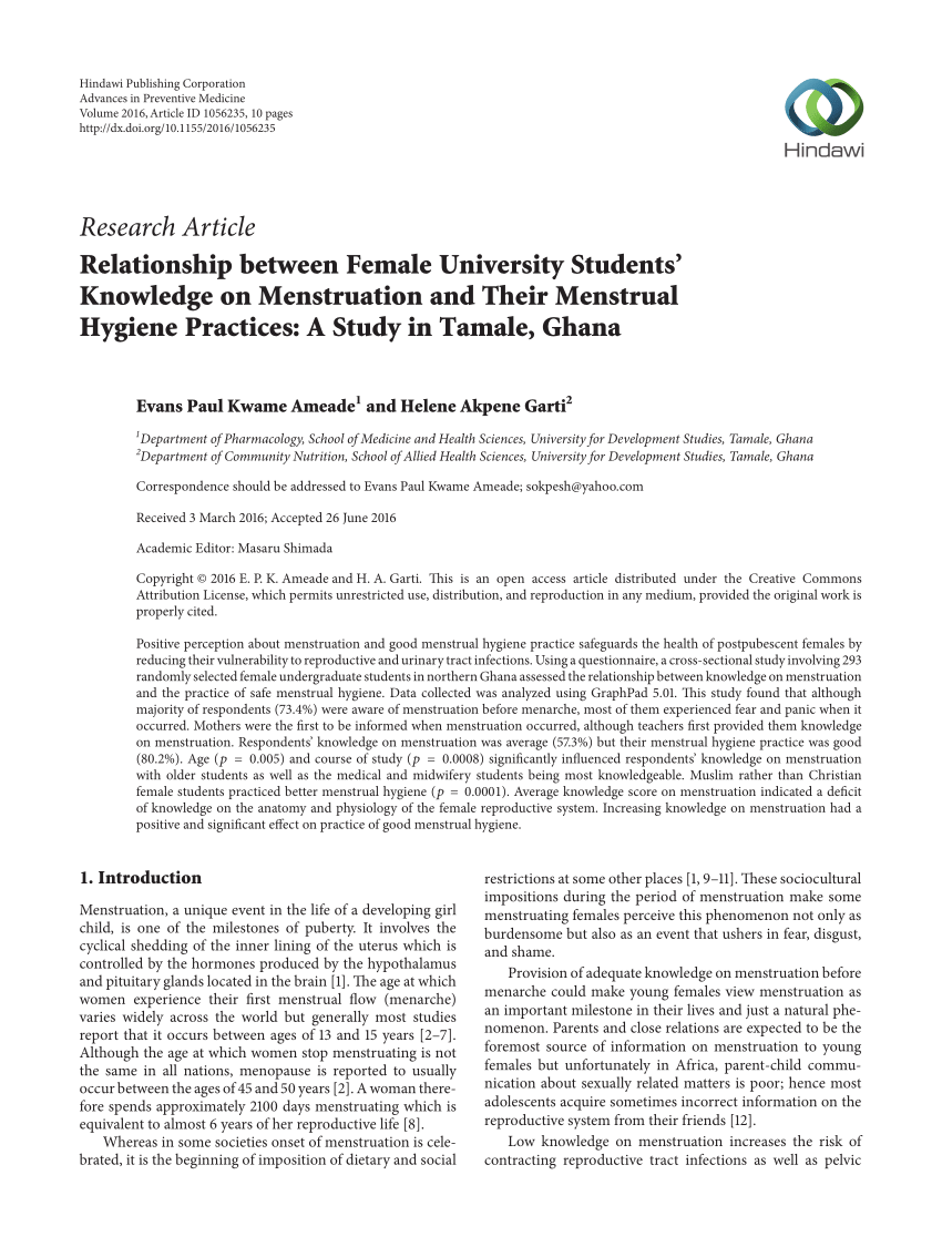 PDF) Relationship between Female University Students Knowledge on Menstruation and Their Menstrual Hygiene Practices A Study in Tamale, Ghana
