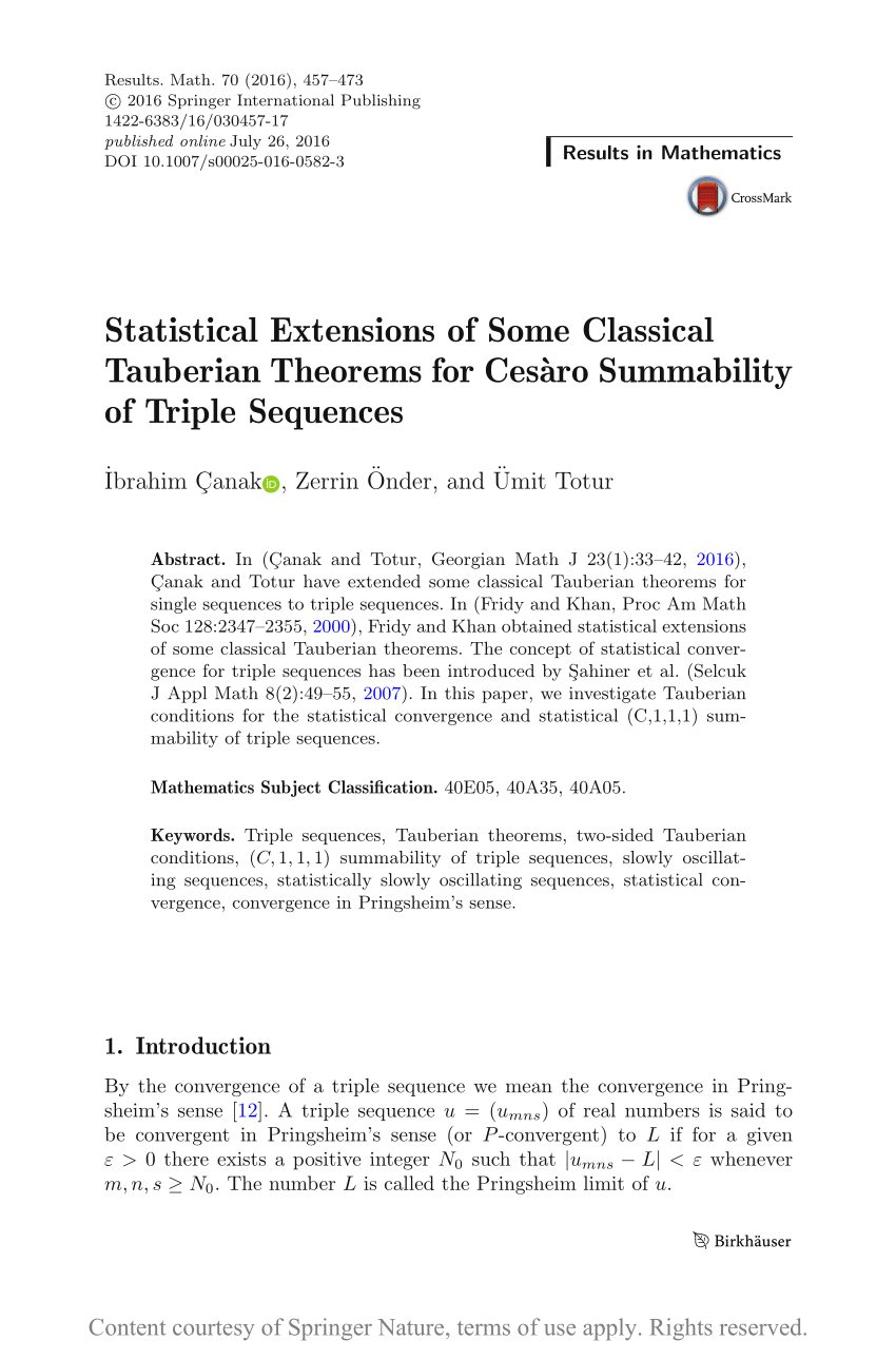 Statistical Extensions Of Some Classical Tauberian Theorems For Cesaro Summability Of Triple Sequences Request Pdf