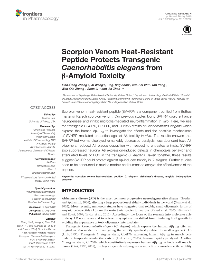 Pdf Scorpion Venom Heat Resistant Peptide Protects Transgenic Caenorhabditis Elegans From B Amyloid Toxicity