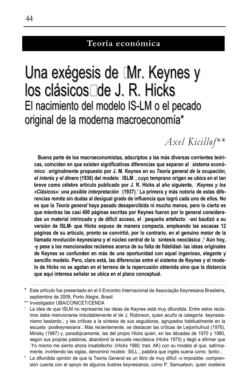 PDF) El nacimiento del modelo IS-LM o el pecado original de la moderna  macroeconomía*