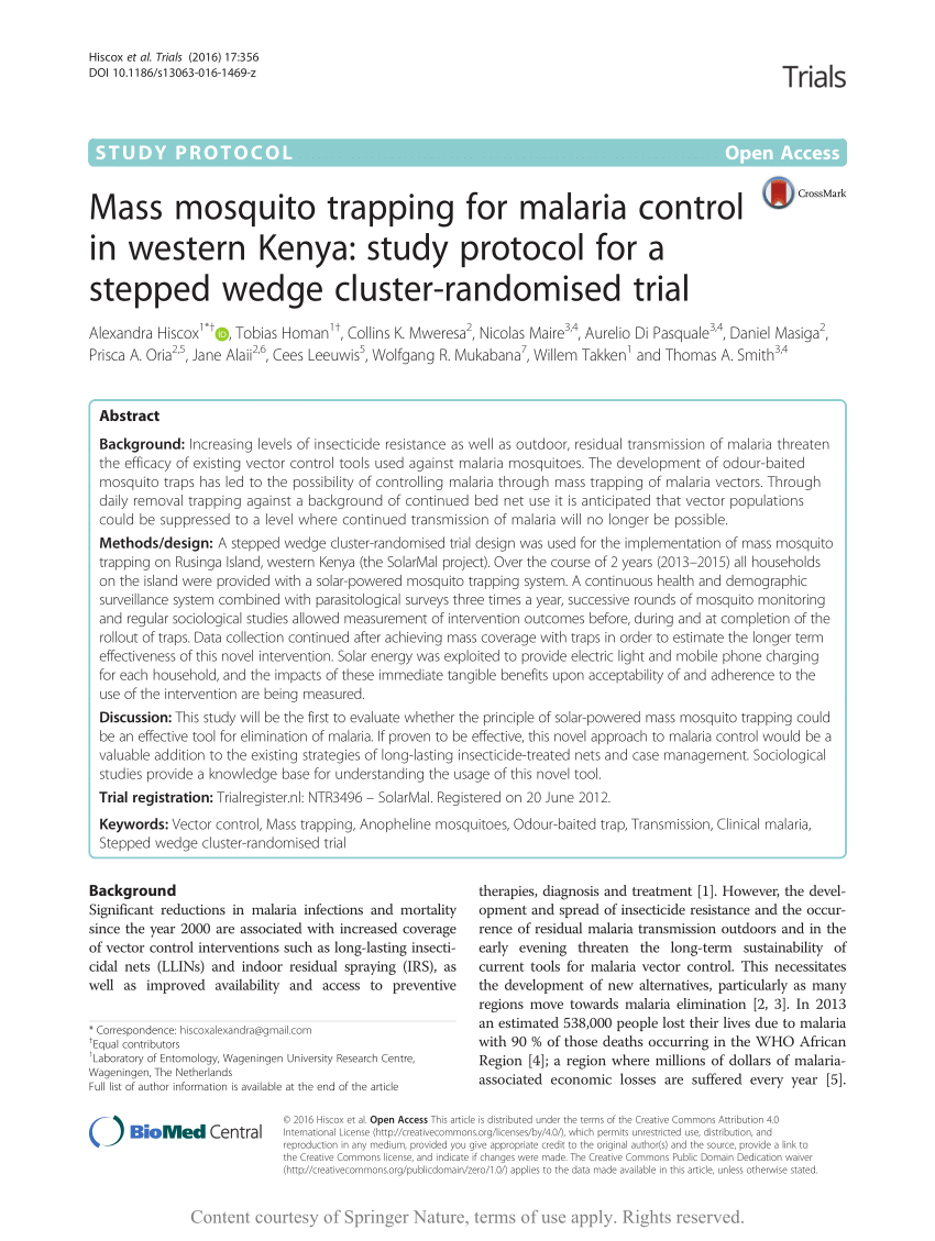 (PDF) Mass mosquito trapping for malaria control in western Kenya: Study  protocol for a stepped wedge cluster-randomised trial