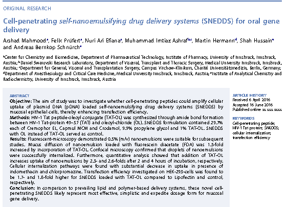 Pdf Cell Penetrating Self Nanoemulsifying Drug Delivery Systems Snedds For Oral Gene Delivery