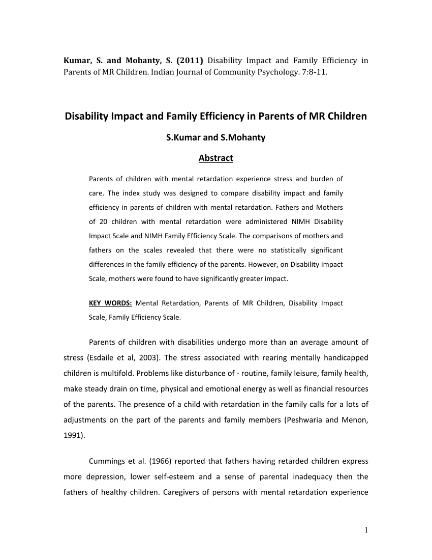 Pdf Disability Impact And Family Efficiency In Parents Of Mr Children
