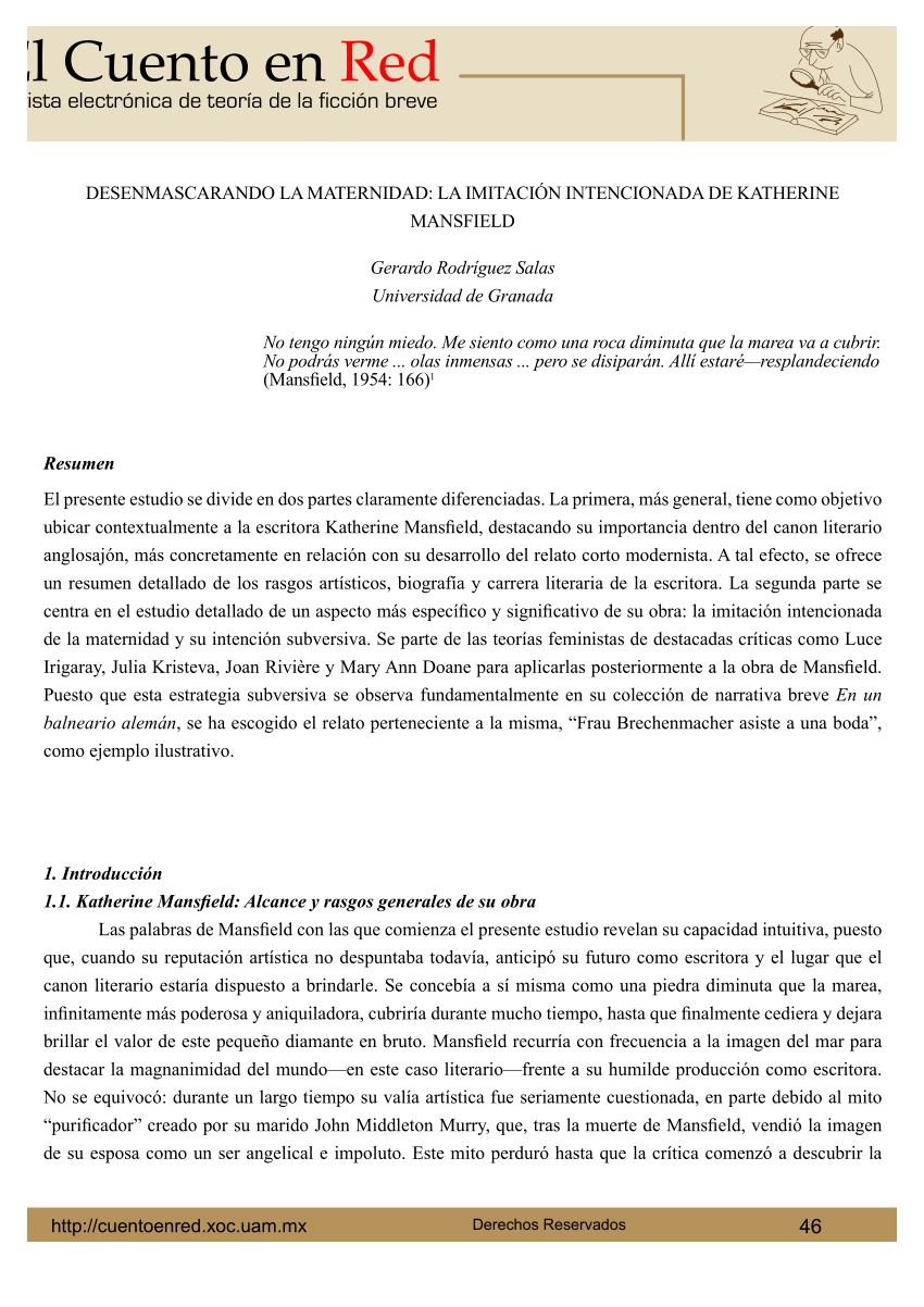 PDF) 'Desenmascarando la maternidad: la imitación intencionada en Katherine  Mansfield'