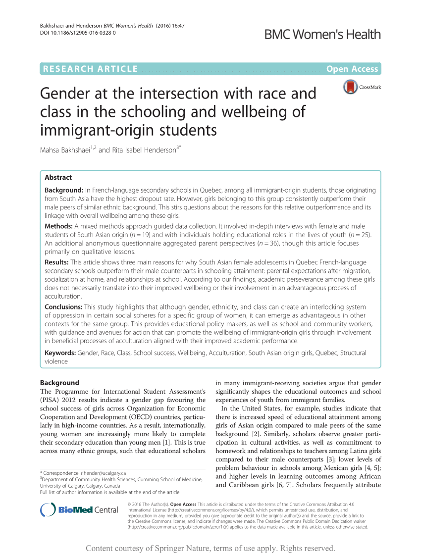 (PDF) Gender at the intersection with race and class in the schooling and wellbeing of immigrant-origin students