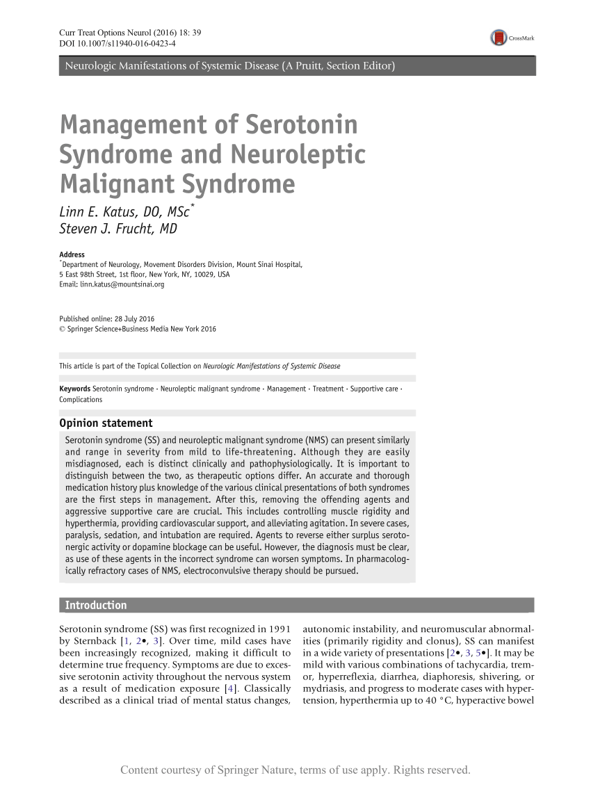 Management Of Serotonin Syndrome And Neuroleptic Malignant Syndrome