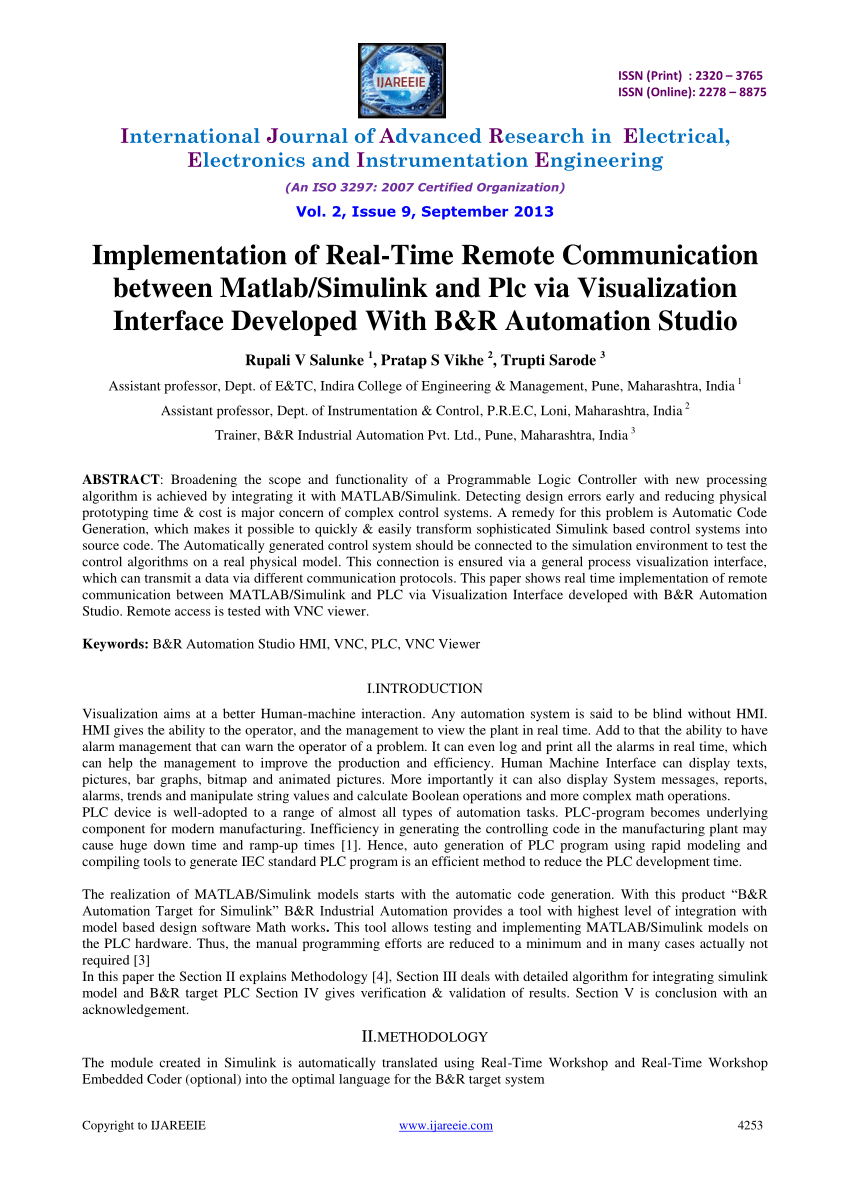 Pdf Implementation Of Real Time Remote Communication Between Matlab Simulink And Plc Via Visualization Interface Developed With B R Automation Studio