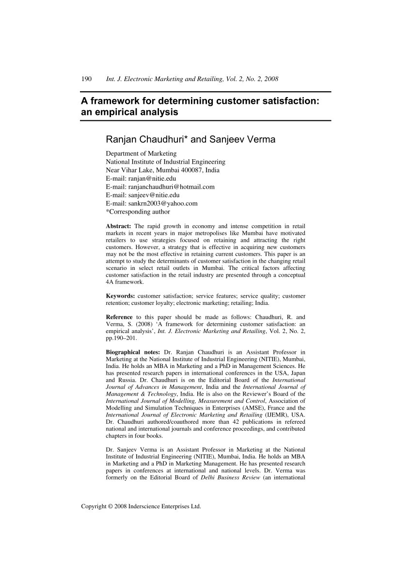 Pdf A Framework For Determining Customer Satisfaction An Empirical Analysis