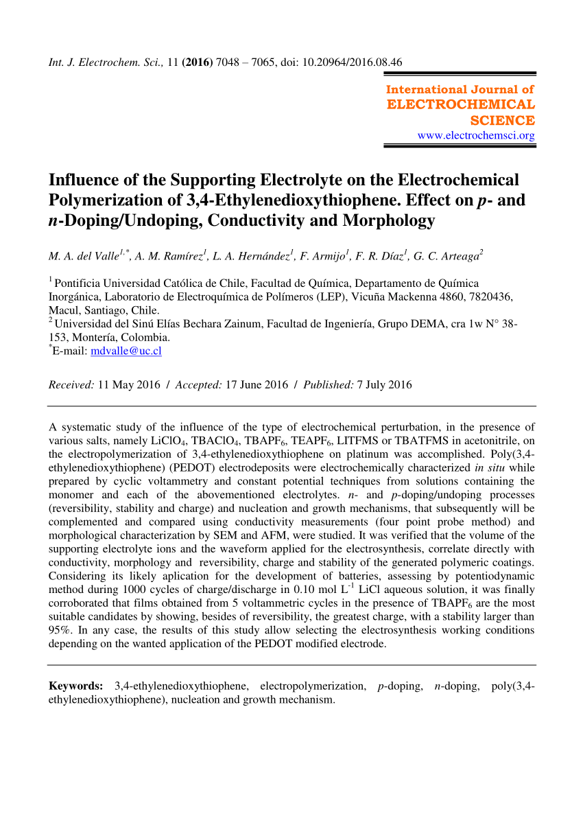 Pdf Influence Of The Supporting Electrolyte On The Electrochemical Polymerization Of 3 4 Ethylenedioxythiophene Effect On P And N Doping Undoping Conductivity And Morphology