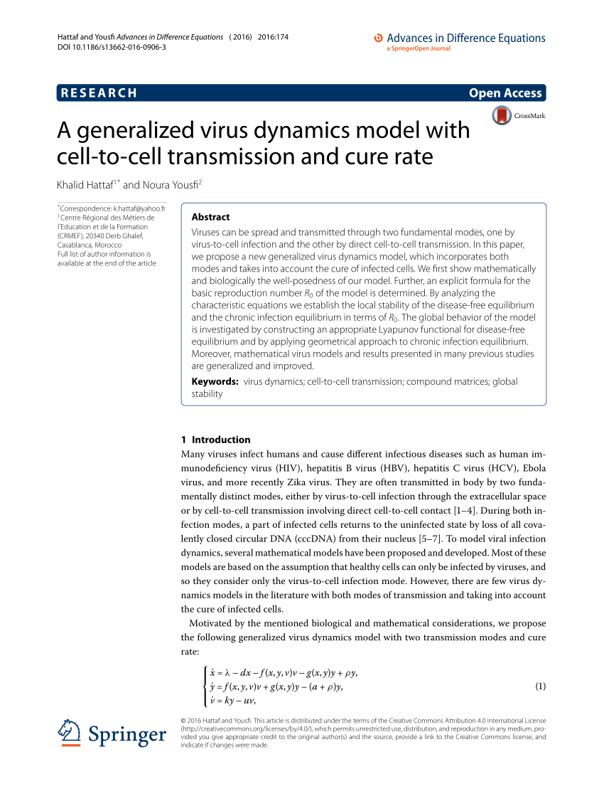 Pdf A Generalized Virus Dynamics Model With Cell To Cell Transmission And Cure Rate