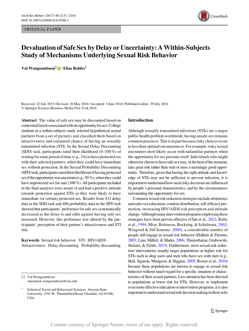 Devaluation of Safe Sex by Delay or Uncertainty: A Within-Subjects Study of  Mechanisms Underlying Sexual Risk Behavior: | Request PDF