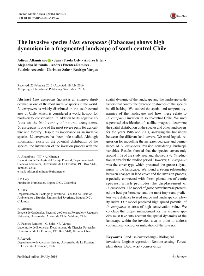 Pdf The Invasive Species Ulex Europaeus Fabaceae Shows High Dynamism In A Fragmented Landscape Of South Central Chile