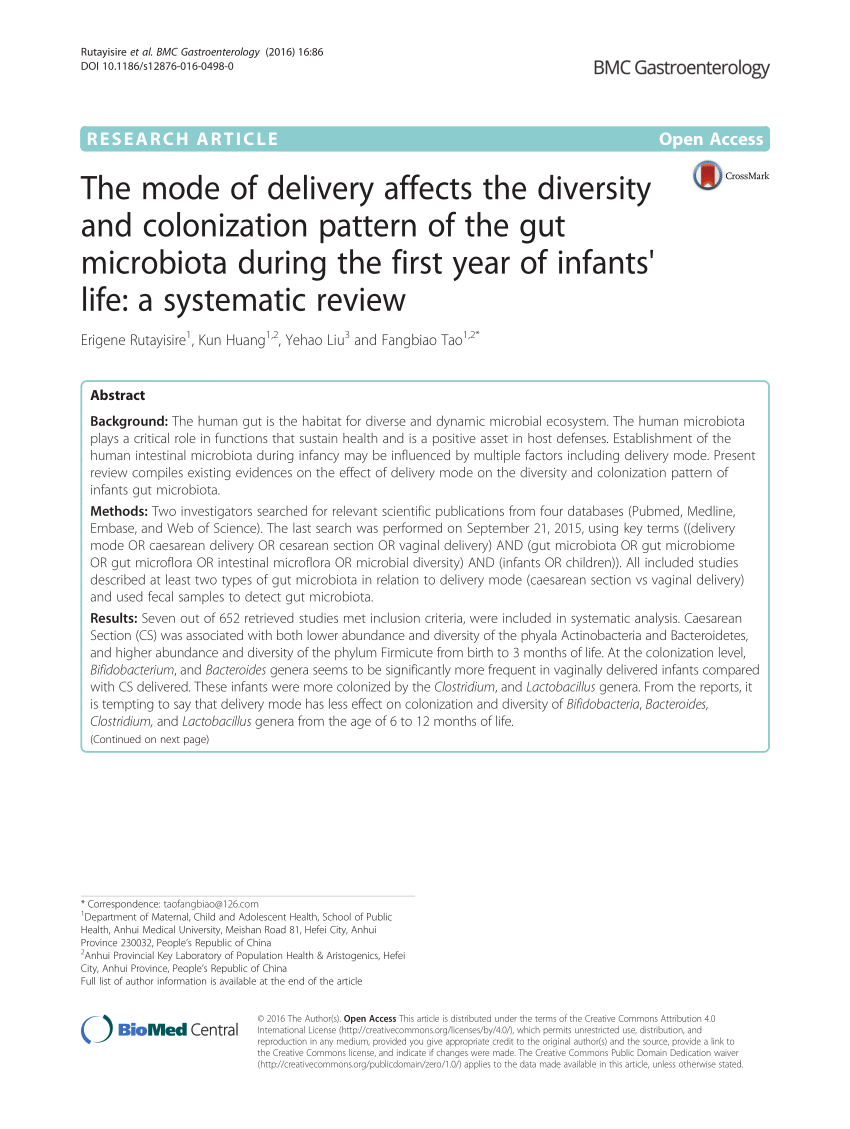 Pdf The Mode Of Delivery Affects The Diversity And Colonization